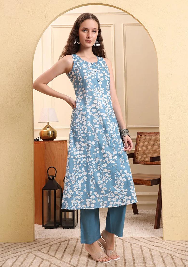 Blue Printed Cotton Kurta Set - Indya