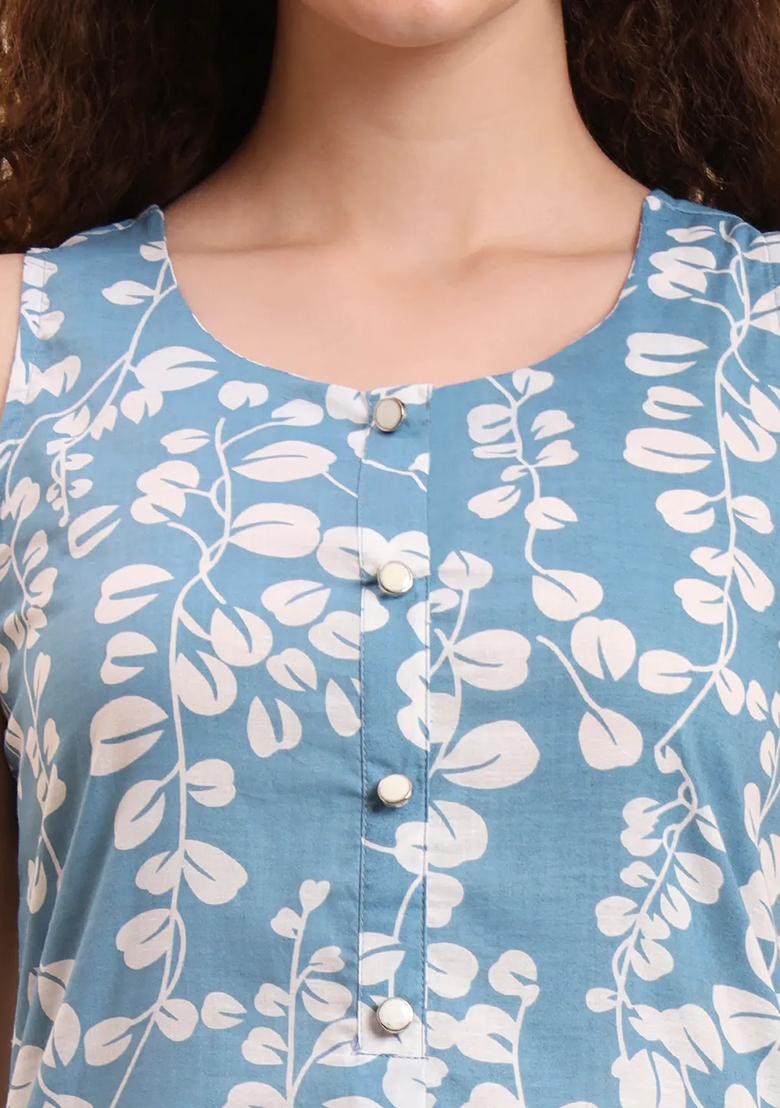 Blue Printed Cotton Kurta Set - Indya