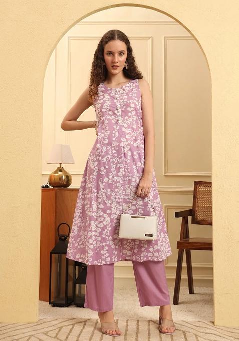Purple Motif Cotton Kurta Set