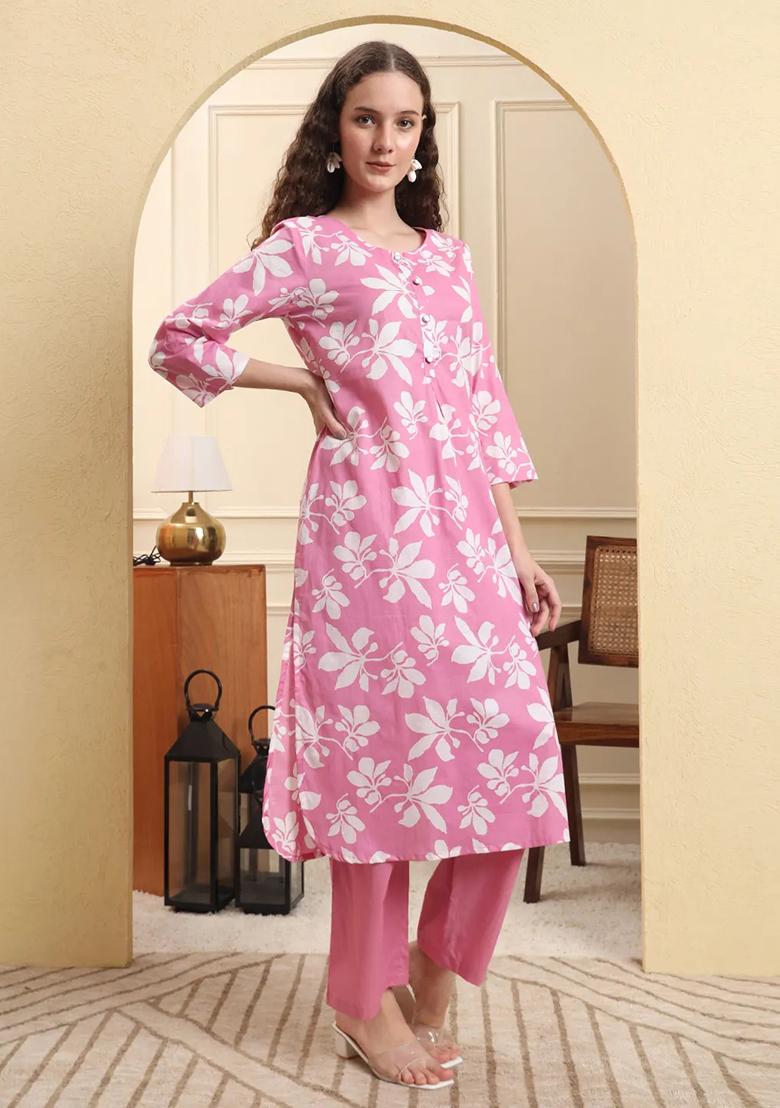 Pink Motif Cotton Kurta Set - Indya