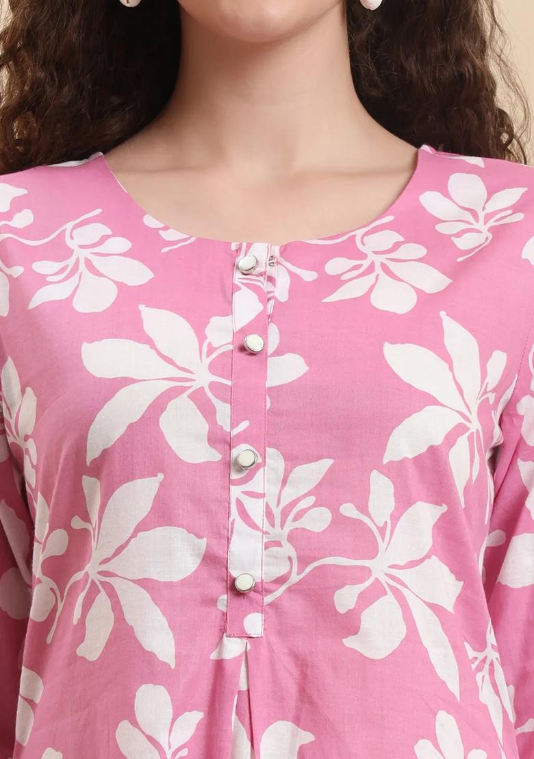 Pink Motif Cotton Kurta Set - Indya