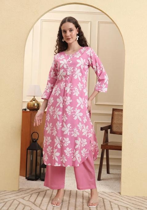 Pink Motif Cotton Kurta Set