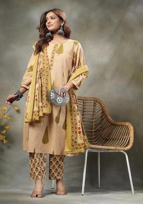 Green Floral Print Cotton Kurta Dupatta Set