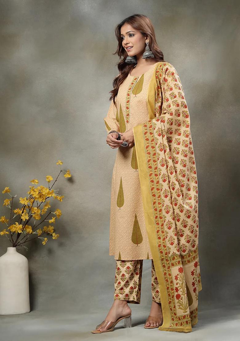 Green Floral Print Cotton Kurta Dupatta Set - Indya