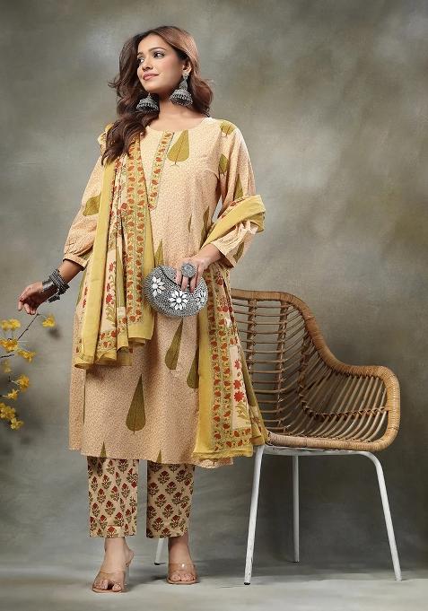 Green Floral Print Cotton Kurta Dupatta Set