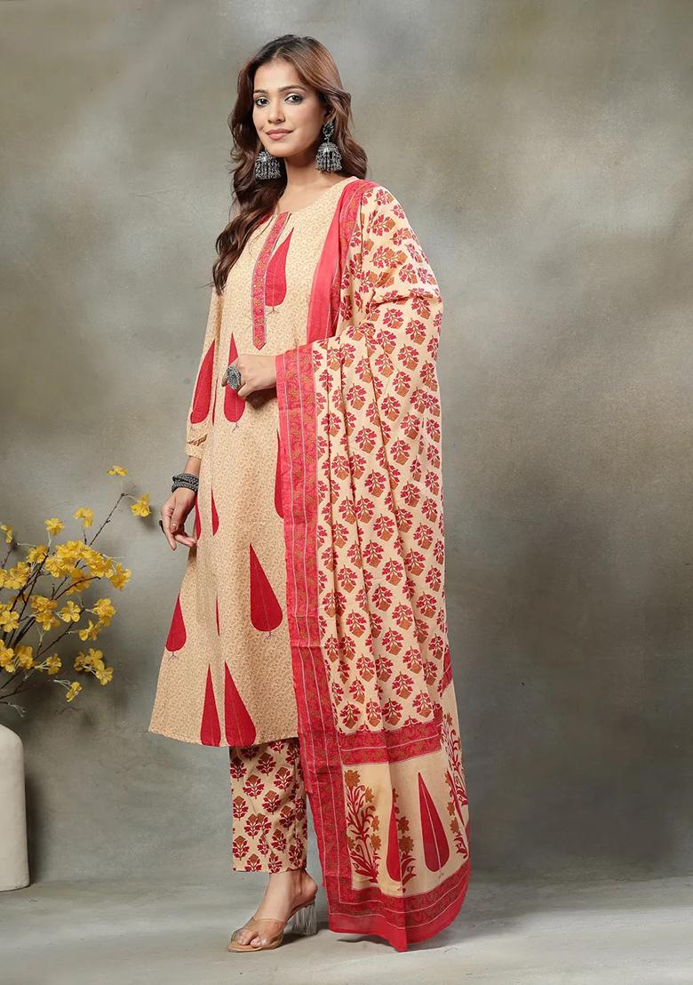 Red Floral Print Cotton Kurta Dupatta Set - Indya