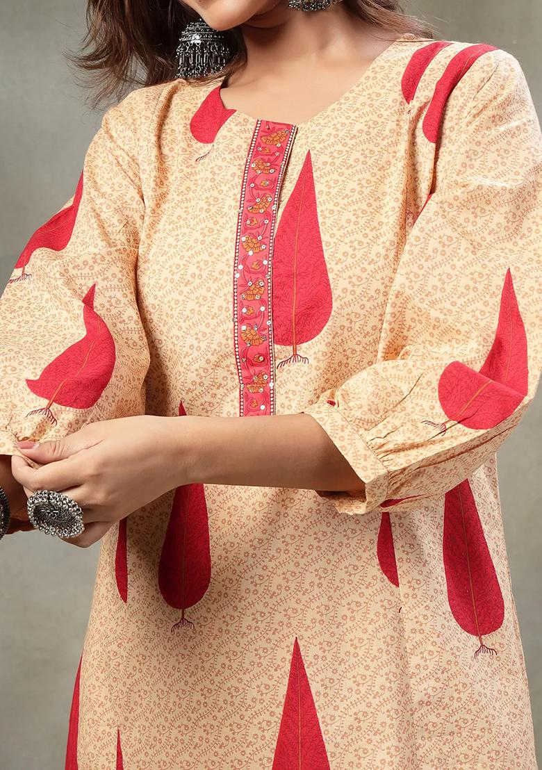 Red Floral Print Cotton Kurta Dupatta Set - Indya