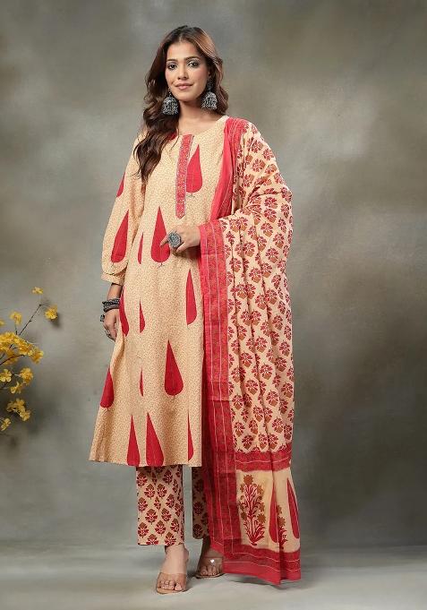 Red Floral Print Cotton Kurta Dupatta Set