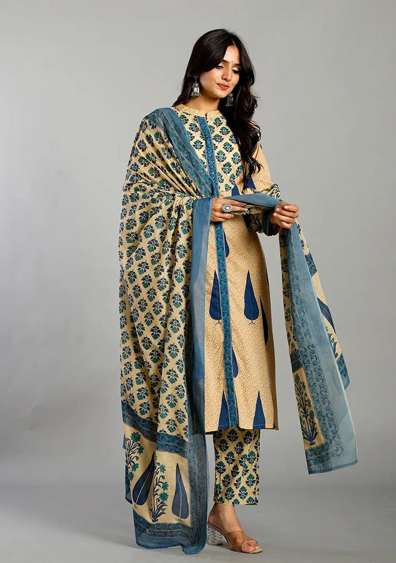 Blue Motif Cotton Kurta Dupatta Set - Indya