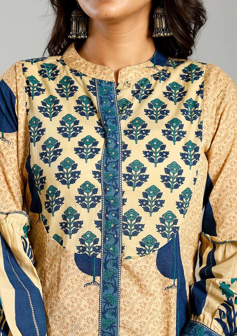 Blue Motif Cotton Kurta Dupatta Set - Indya