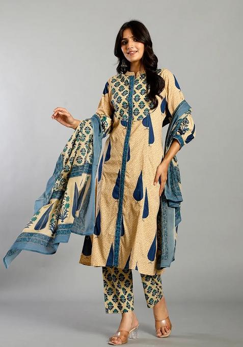Blue Motif Cotton Kurta Dupatta Set
