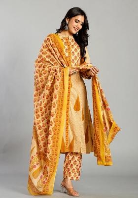Mustard Motif Cotton Kurta Dupatta Set