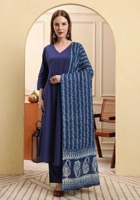 Blue Floral Print Cotton Kurta Dupatta Set