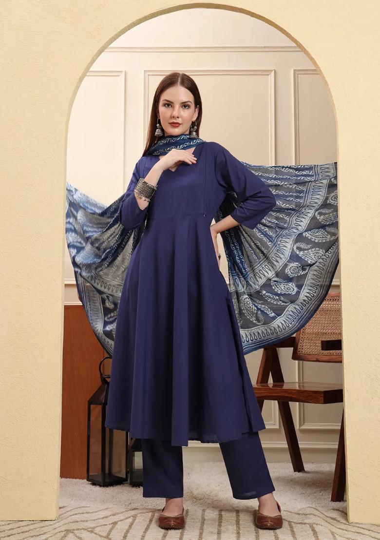 Blue Floral Print Cotton Kurta Dupatta Set - Indya