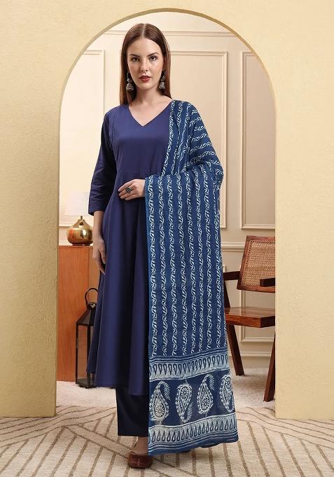 Blue Floral Print Cotton Kurta Dupatta Set