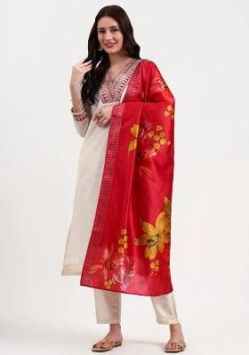 Off White Embroidered Cotton Kurta Dupatta Set