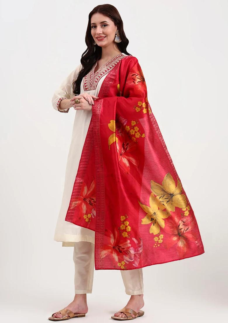 Off White Embroidered Cotton Kurta Dupatta Set - Indya