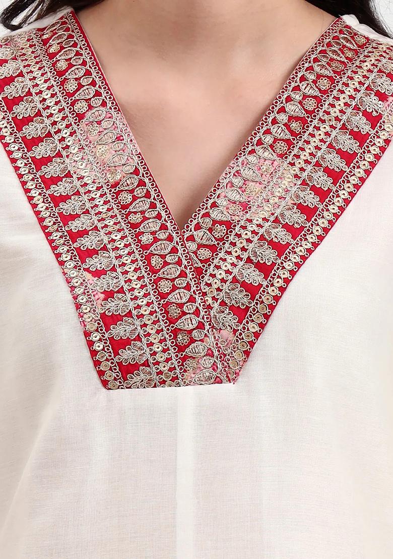 Off White Embroidered Cotton Kurta Dupatta Set - Indya