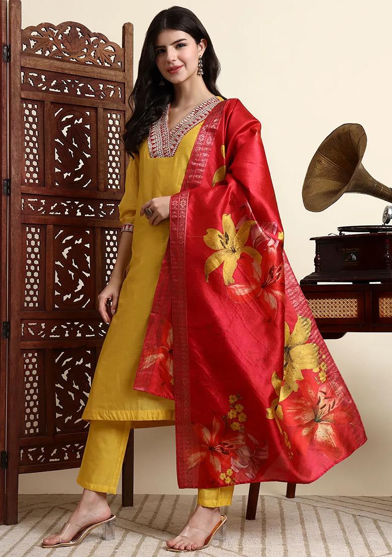 Yellow Embroidered Cotton Kurta Dupatta Set - Indya
