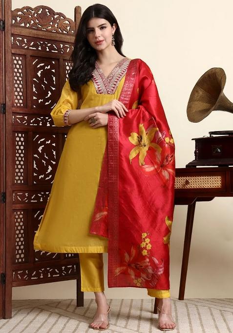 Yellow Embroidered Cotton Kurta Dupatta Set