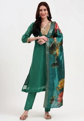 Green Embroidered Cotton Kurta Dupatta Set