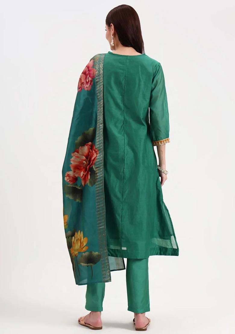 Green Embroidered Cotton Kurta Dupatta Set - Indya