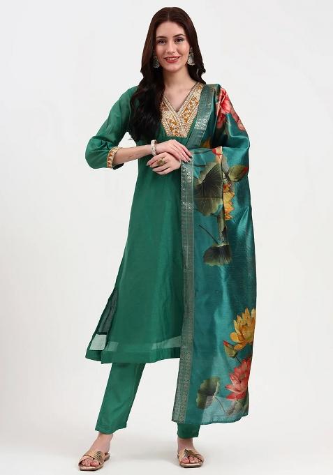 Green Embroidered Cotton Kurta Dupatta Set