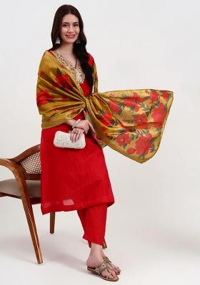 Red Embroidered Cotton Kurta Dupatta Set