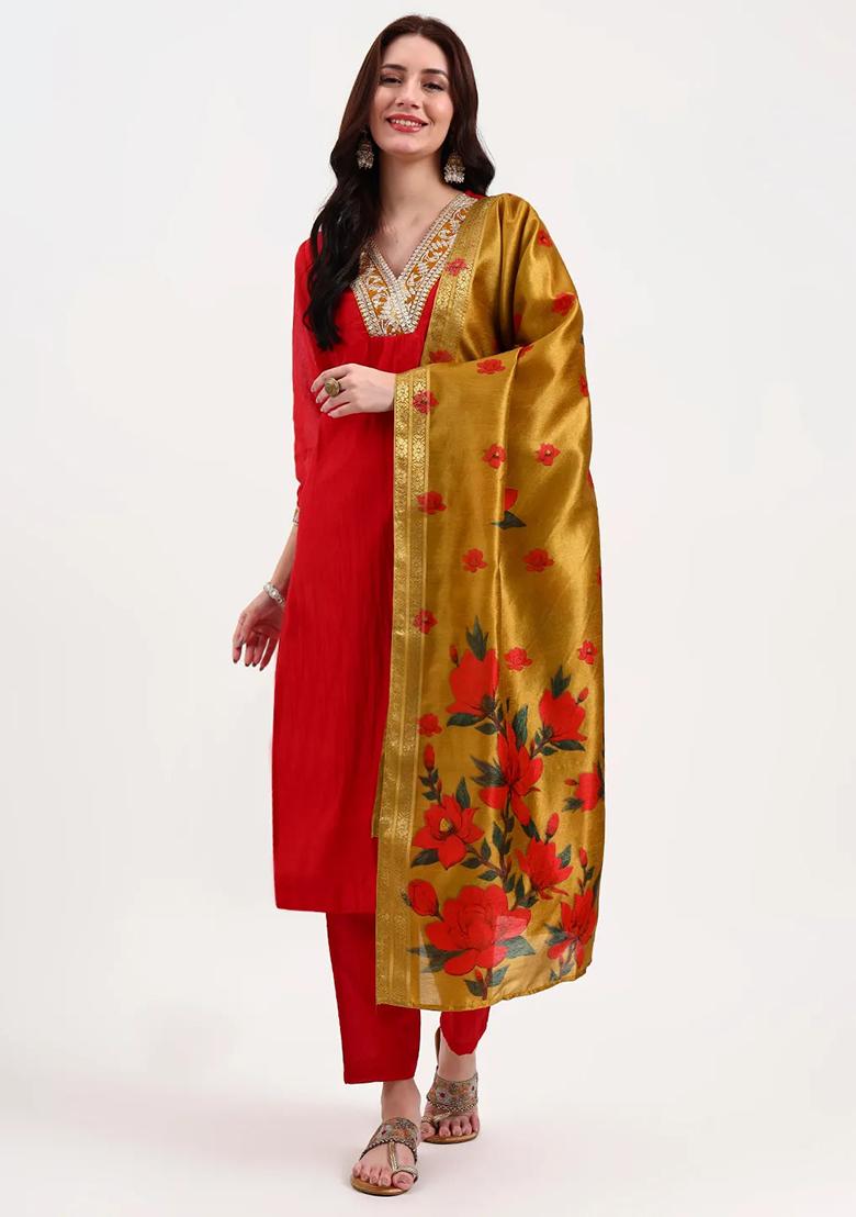 Red Embroidered Cotton Kurta Dupatta Set - Indya