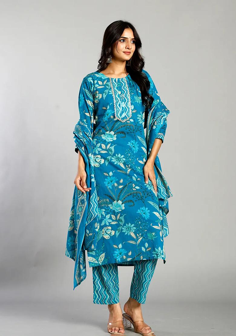 Turquoise Blue Floral Print Cotton Kurta Dupatta Set - Indya