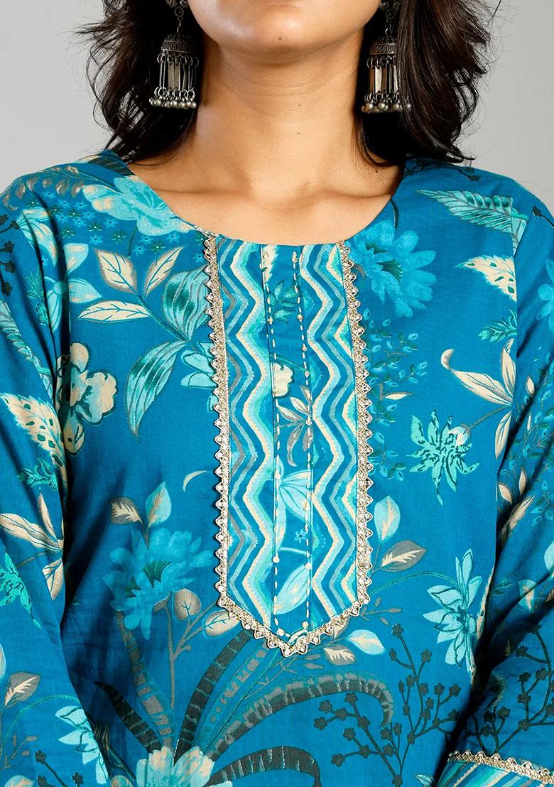 Turquoise Blue Floral Print Cotton Kurta Dupatta Set - Indya