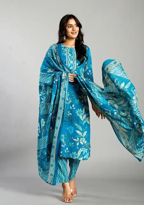 Turquoise Blue Floral Print Cotton Kurta Dupatta Set