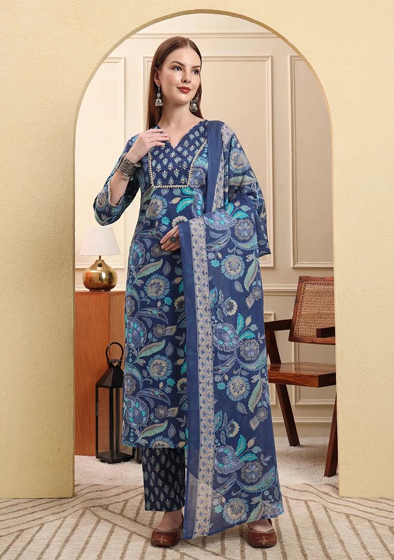 Blue Motif Cotton Kurta Dupatta Set - Indya