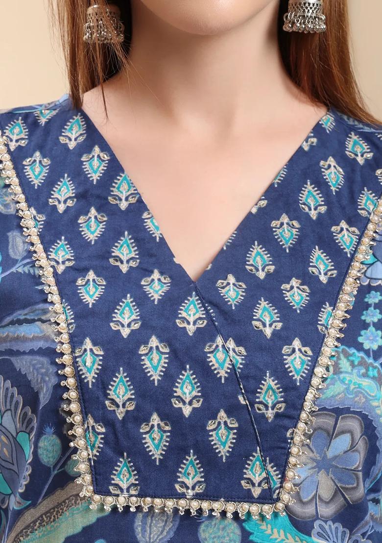 Blue Motif Cotton Kurta Dupatta Set - Indya