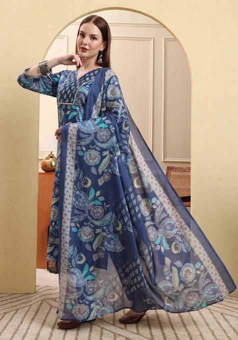 Blue Motif Cotton Kurta Dupatta Set