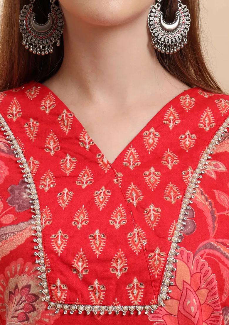 Red Motif Cotton Kurta Dupatta Set - Indya