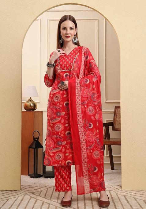 Red Motif Cotton Kurta Dupatta Set