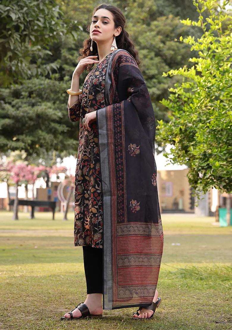 Black Printed Linen Kurta Dupatta Set - Indya
