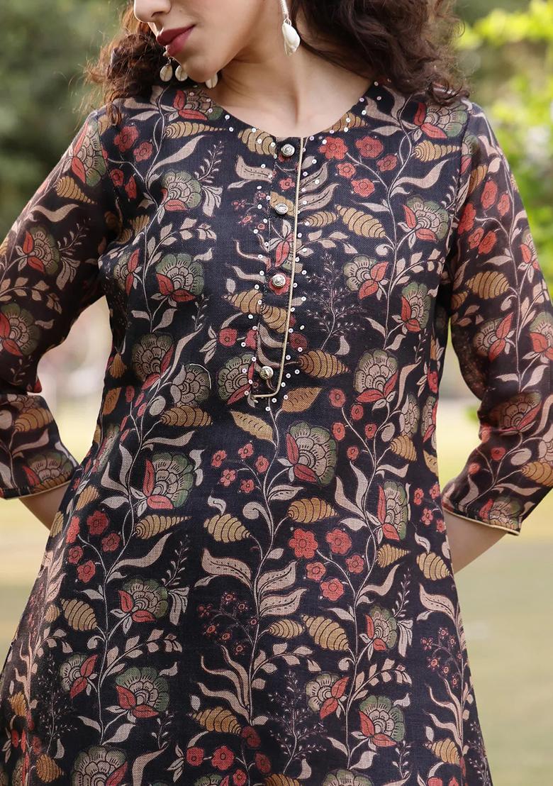 Black Printed Linen Kurta Dupatta Set - Indya