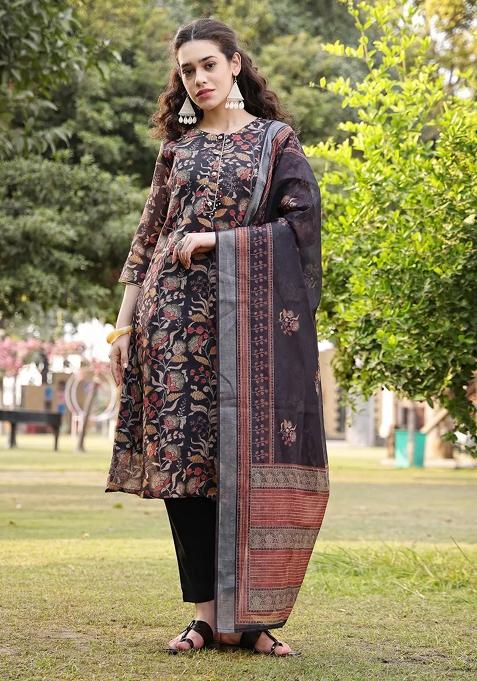 Black Printed Linen Kurta Dupatta Set