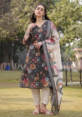 Military Green Printed Linen Kurta Dupatta Set