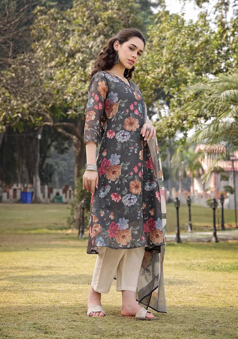 Military Green Printed Linen Kurta Dupatta Set - Indya