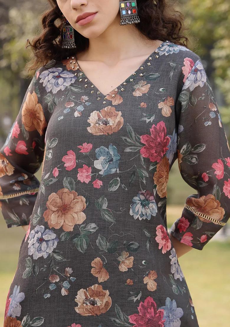 Military Green Printed Linen Kurta Dupatta Set - Indya