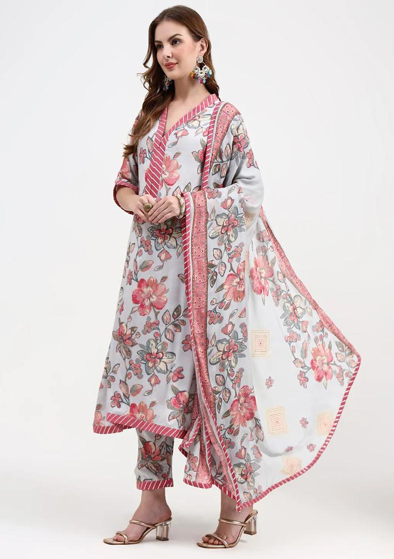 Grey Motif Silk Blend Kurta Dupatta Set - Indya