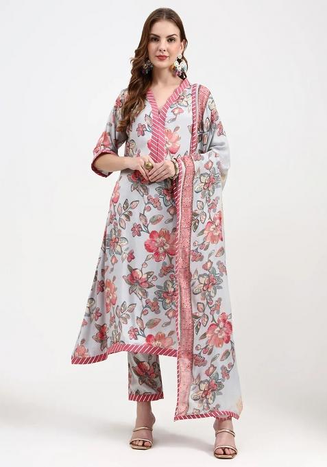 Grey Motif Silk Blend Kurta Dupatta Set