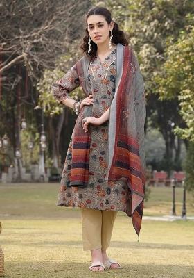 Military Green Printed Linen Kurta Dupatta Set