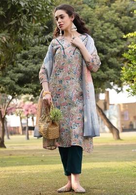 Grey Printed Linen Kurta Dupatta Set