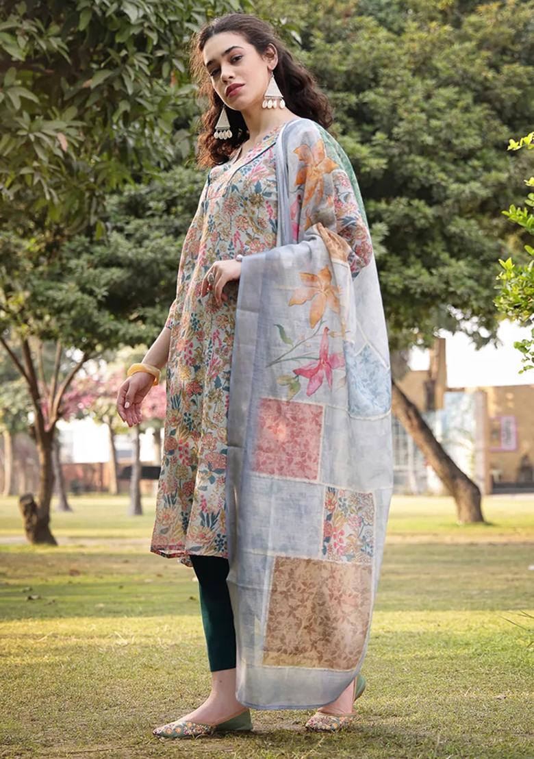 Grey Printed Linen Kurta Dupatta Set - Indya
