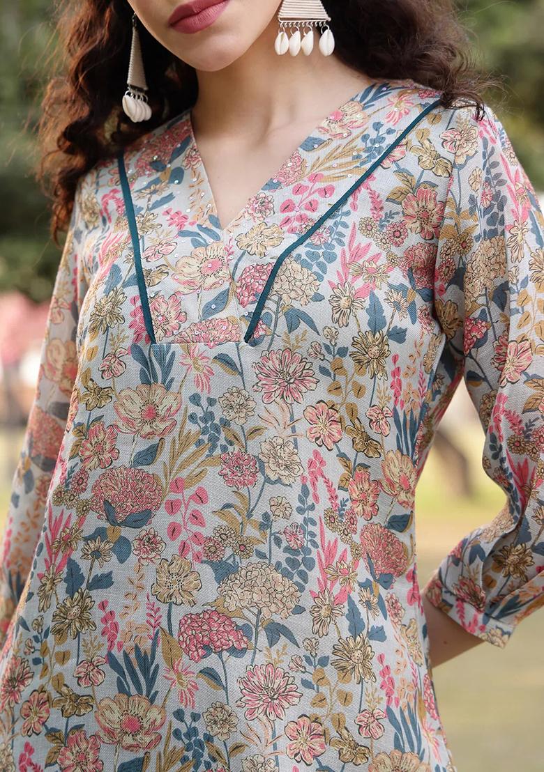 Grey Printed Linen Kurta Dupatta Set - Indya