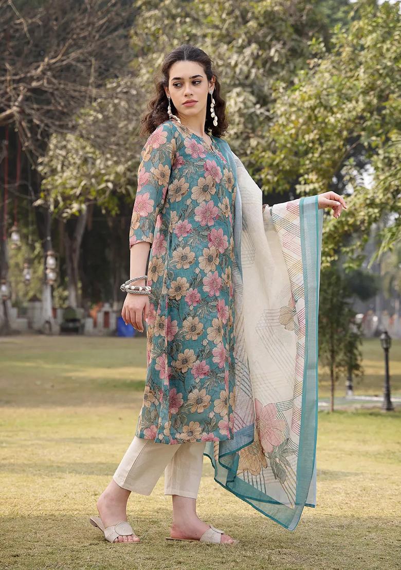 Turquoise Blue Printed Linen Kurta Dupatta Set - Indya